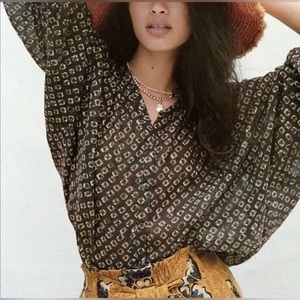 Anthropologie Pamela Oversized Batwing Geometric Brown Boho Blouse  Sz M